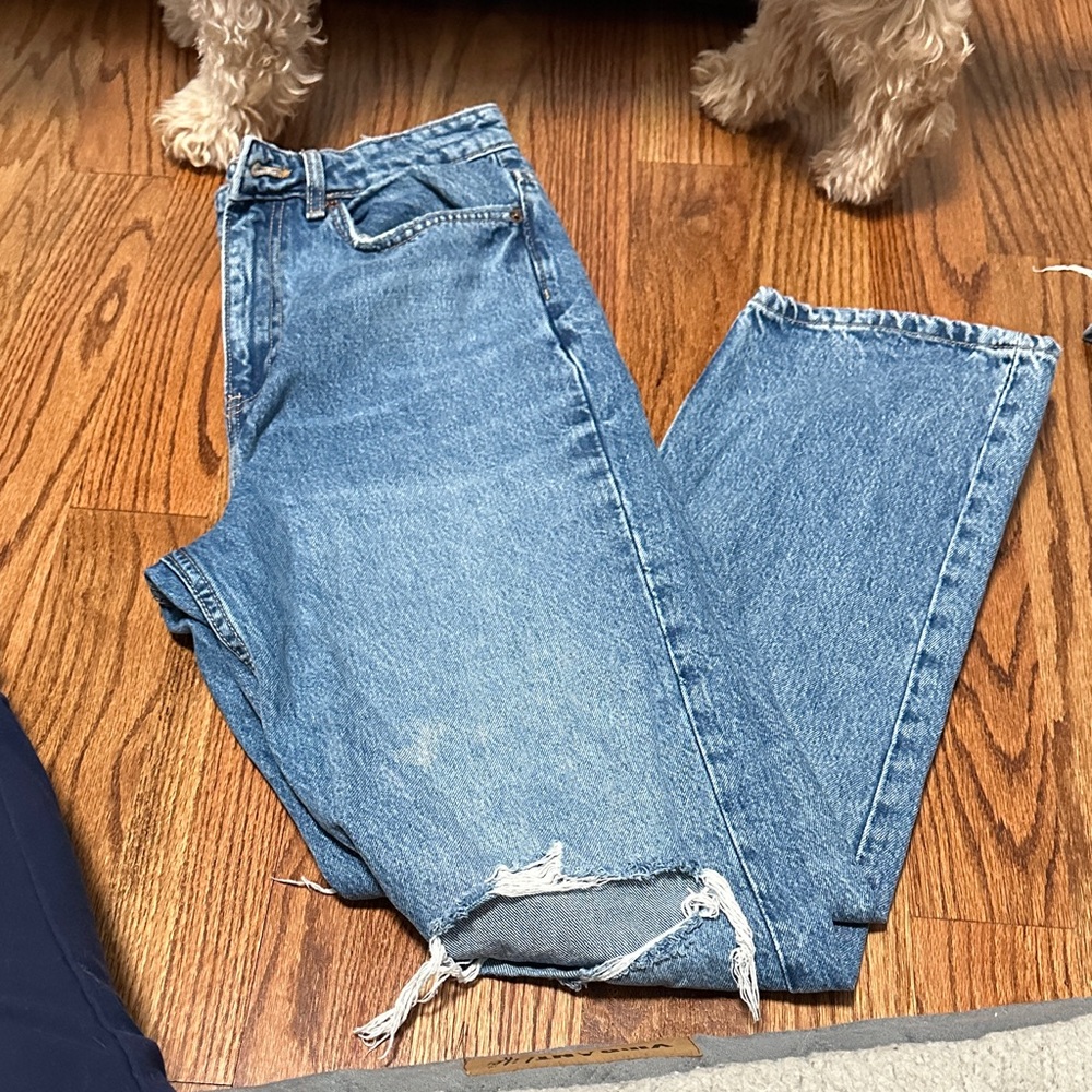Zara Light Blue Distressed Straight Leg Jeans